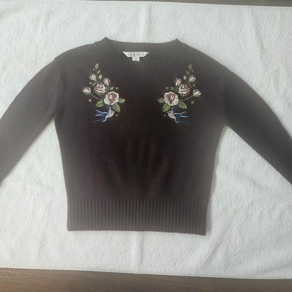 Adam Levine Collection Embroidered Floral Bird Knit Sweater - XS - Burgundy